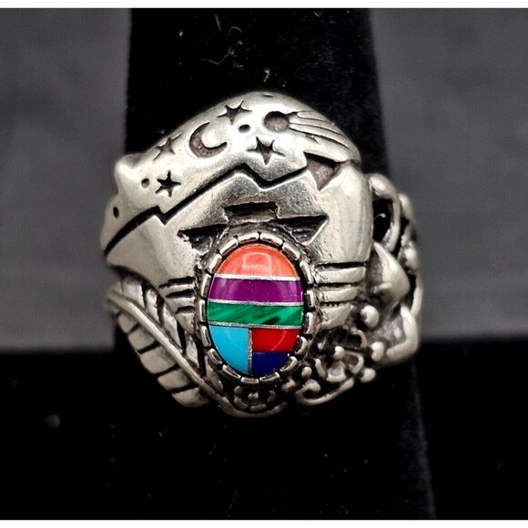 Shube Dakota West Sterling Silver Ring RARE Southwestern SIGNED Night Sky SIZE 8 - Picture 1 of 10